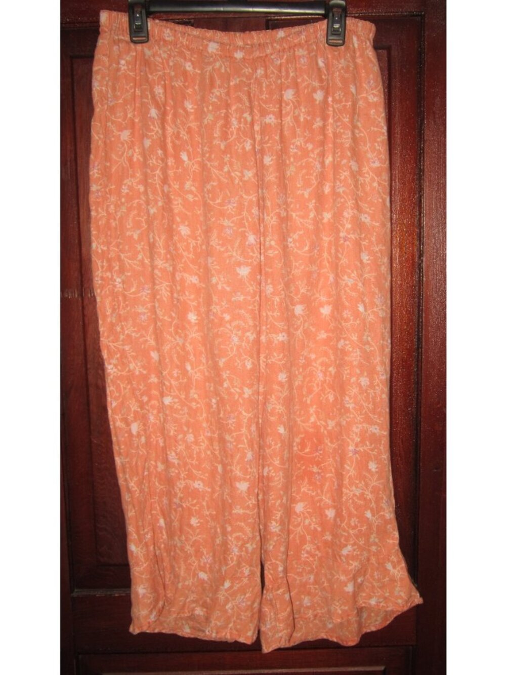 FLAX L 100% Linen Pants Slacks Floral Print Elastic Waist Pull On Ruffle Orange